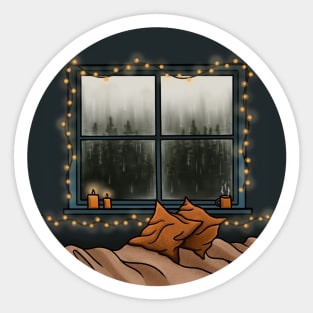 Rainy Day with Fairy Lights Cosy Autumn Scene Illustration Sticker